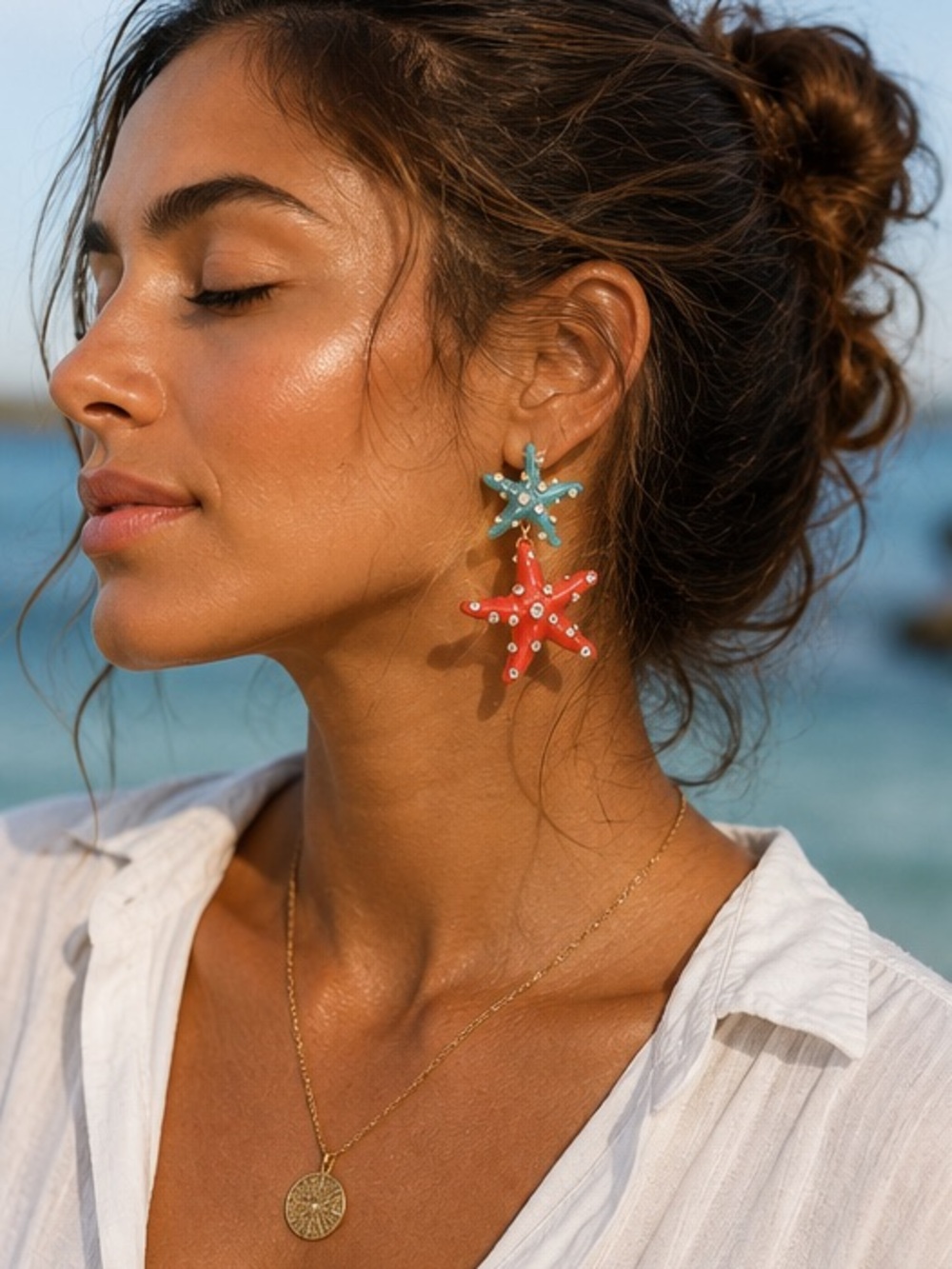 NWT,Natasha, Enamel Rhinestone Starfish Frontal Statement Earrings, GIFT ME!